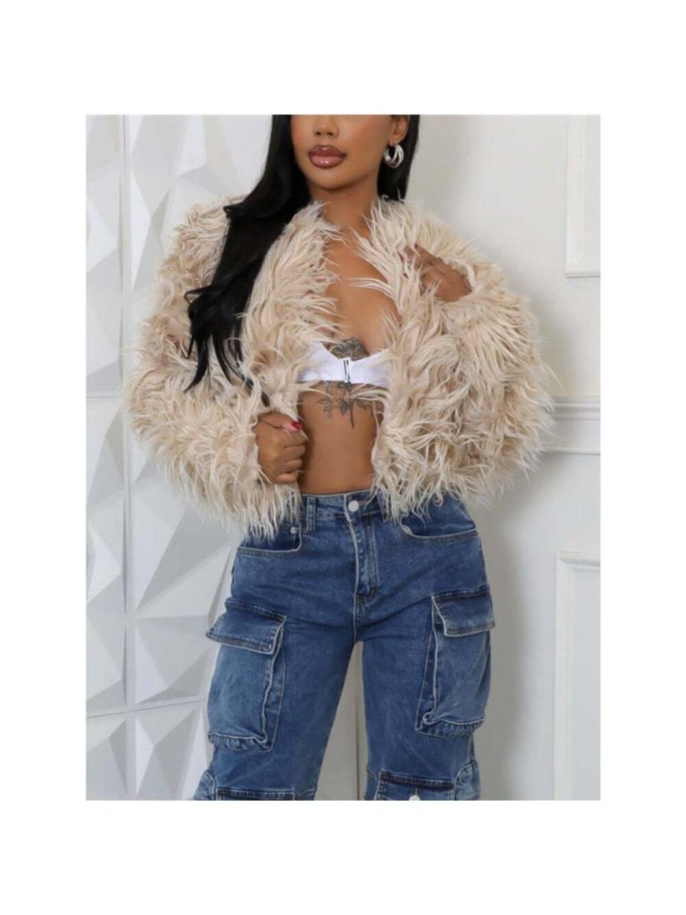 Faux Fur Open Front Cropped Outerwear